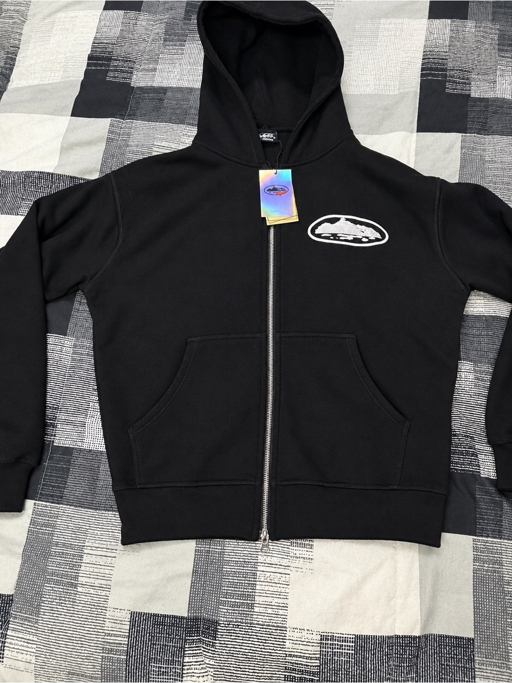 Kids Black Hooded Zip Jacket with White Mountain Patch